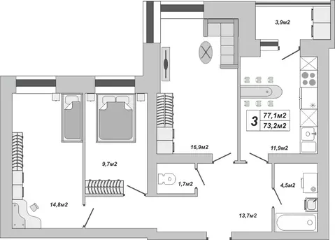 3-к кв. Тамбовская область, Тамбов ул. Чичерина, 7/1к3 (77.1 м)
