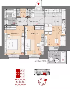 2-к кв. Новгородская область, Великий Новгород 29-й кв-л,  (63.9 м)