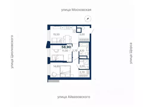 2-к кв. Свердловская область, Екатеринбург ул. Московская, 251 (59.0 ...