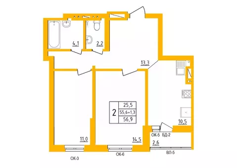 2-к кв. Башкортостан, Уфа Инорс-4Б мкр, Акварель жилой комплекс (57.0 ...