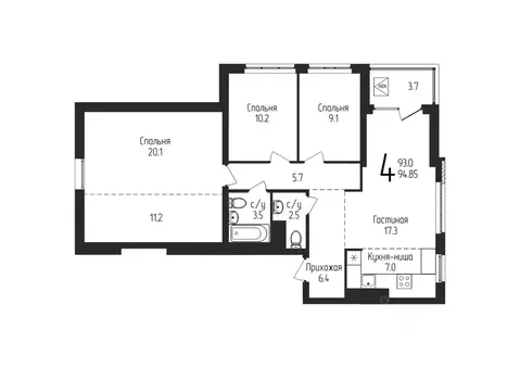 3-к кв. Башкортостан, Уфа ул. Бородинская, 19 (94.85 м)
