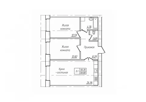 3-к кв. Чувашия, Чебоксары ул. Фридриха Энгельса, поз7 (64.69 м)