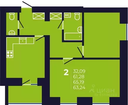 2-к кв. Башкортостан, Уфа ул. Михаила Зайцева, 6 (63.5 м)