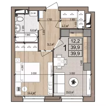 1-к кв. Рязанская область, Рязань ул. Новоселов, 33Б (39.9 м)