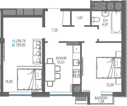2-к кв. Крым, Симферопольский район, Гвардейское пгт, Республика жилой ...