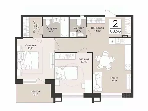 2-к кв. Воронежская область, Воронеж Эклипс жилой комплекс (68.56 м)