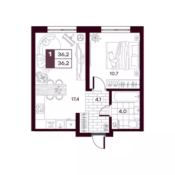 1-комнатная квартира: Дударева, ЖК Макс (36.15 м)