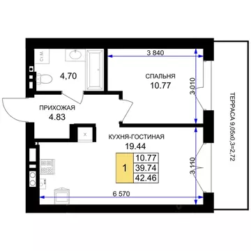 1-к кв. Калининградская область, Гурьевск Включи жилой комплекс (42.46 ...