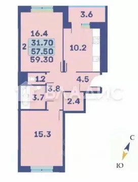 Квартира, 2 комнаты, 59.3 м