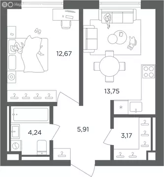 1-комнатная квартира: Москва, ЖК Ультима Сити (39.74 м)