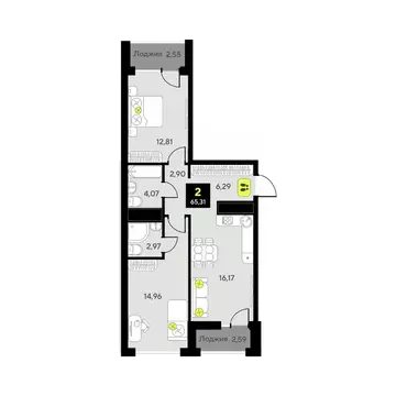 2-к кв. Тюменская область, Тюмень ул. Андрея Приказнова, 2 (65.31 м)