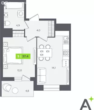 1-комнатная квартира: Кудрово, Солнечная улица, 10к2 (37.4 м)