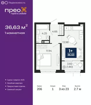 1-комнатная квартира: Тюмень, Арктическая улица, 16 (36.63 м)