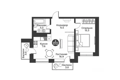 2-к кв. Хакасия, Абакан ул. Генерала Тихонова, 7 (57.6 м)