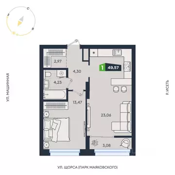 1-к кв. Свердловская область, Екатеринбург ул. Машинная, 1В/4 (49.57 ...