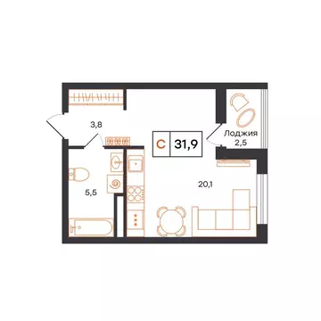 Квартира-студия: Тюмень, микрорайон ДОК (31.9 м)