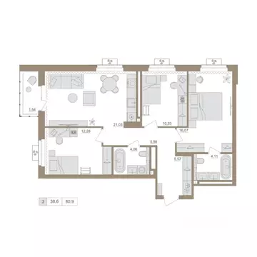 3-к кв. Башкортостан, Уфа бул. Яркий (80.97 м)