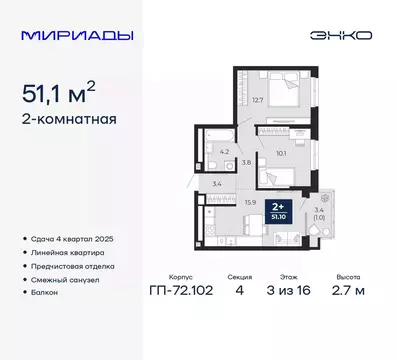 2-к кв. Тюменская область, Тюмень Мириады жилой комплекс (51.1 м)