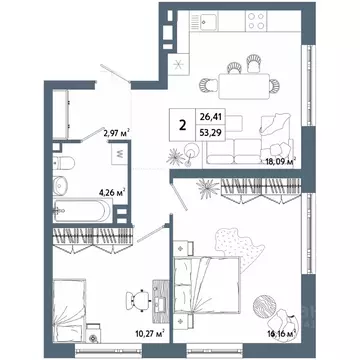2-к кв. Башкортостан, Уфа 42-й кв-л,  (53.21 м)