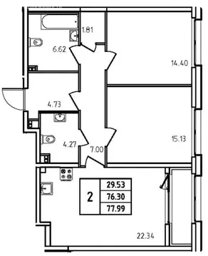 2-комнатная квартира: Санкт-Петербург, улица Типанова, 22 (77.99 м)