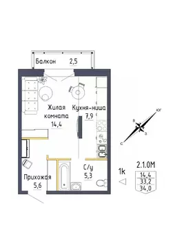 1-к кв. Свердловская область, Екатеринбург ул. Тюльпановая, 12 (34.0 ...