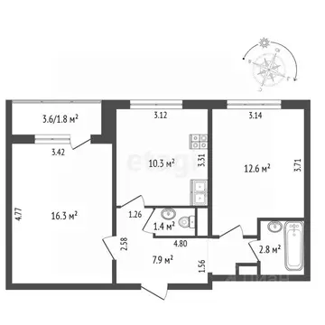 2-к кв. Московская область, Люберцы ул. Рождественская, 6 (50.5 м)