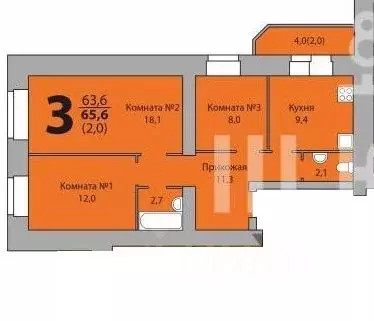3-к кв. Вологодская область, Вологда  (65.6 м)
