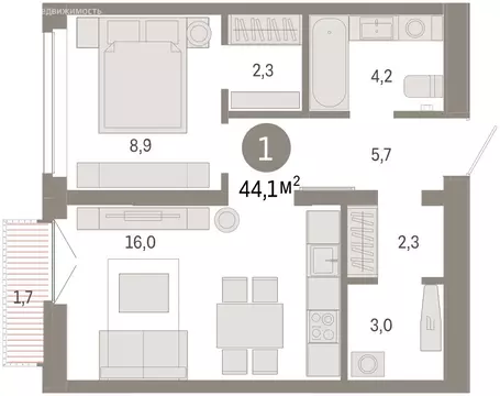 1-комнатная квартира: Тюмень, улица Республики, 205к2 (44 м)
