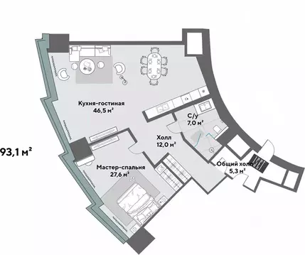 2-к кв. Свердловская область, Екатеринбург ул. Бориса Ельцина (93.1 м)