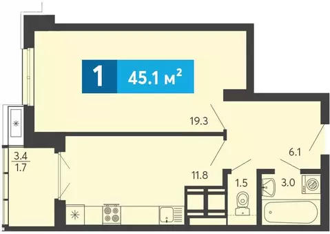 1-комнатная квартира: Засечное, Прибрежный бульвар, 5 (45.1 м)