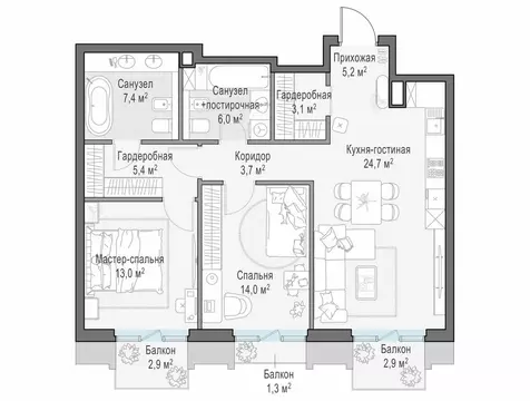 2-комнатная квартира: Москва, ЖК Тишинский Бульвар (86.1 м)