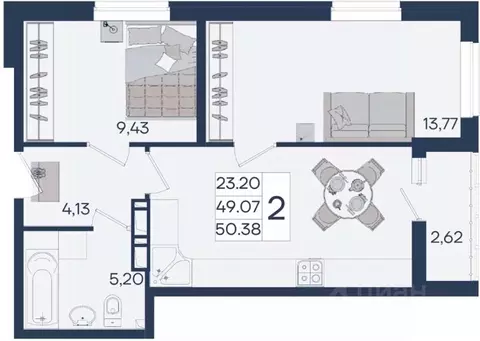 2-к кв. Краснодарский край, Краснодар  (50.38 м)