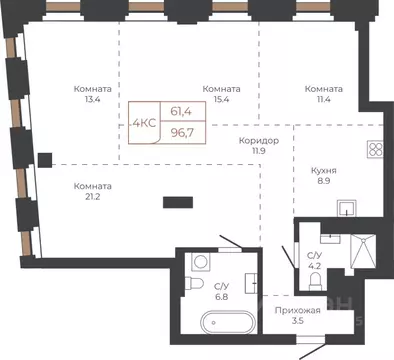 4-к кв. Алтайский край, Барнаул пл. Баварина, 8к1 (95.6 м)