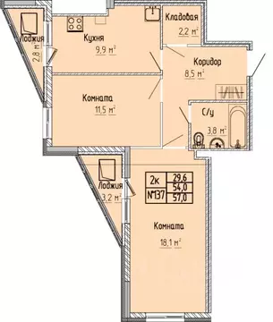 2-к кв. Тверская область, Тверь Атлант жилой комплекс (57.0 м)