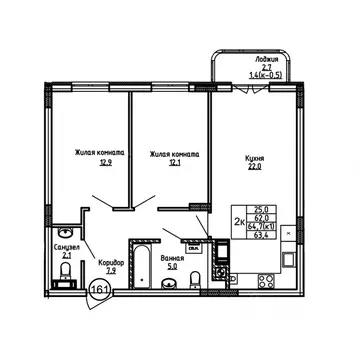2-к кв. Калининградская область, Калининград ул. 1-я Большая окружная ...