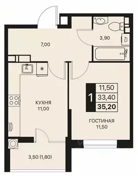 1-к кв. Ростовская область, Ростов-на-Дону Эстет жилой комплекс (35.2 ...