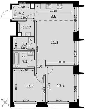 3-комнатная квартира: Москва, жилой комплекс Амбер Сити (71.7 м)