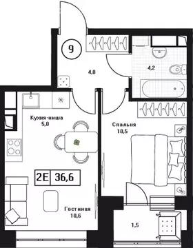 2-комнатная квартира: Пушкино, ЖК Пушкино Град (36.6 м)