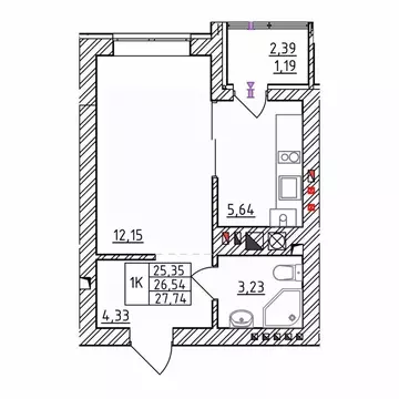 1-к кв. Калининградская область, Зеленоградск  (27.74 м)