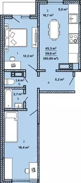 2-к кв. Челябинская область, Челябинск 11-й мкр,  (60.9 м)