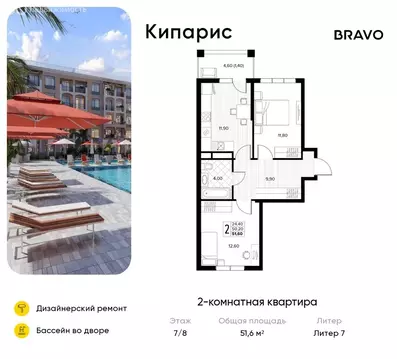 2-комнатная квартира: Сукко, жилой комплекс Кипарис (51.6 м)