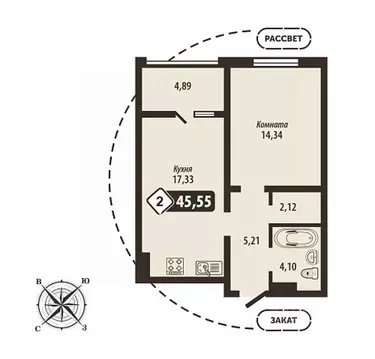 2-к кв. Брянская область, Брянск Школьный жилой комплекс (45.55 м)