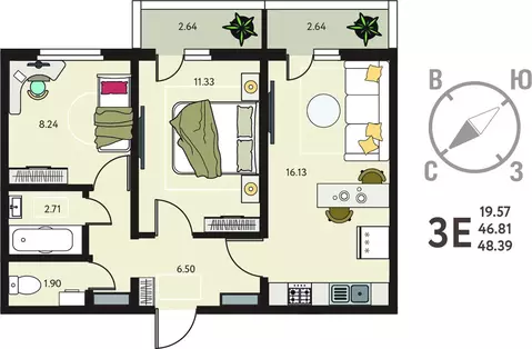 2-комнатная квартира: Курск, улица Энгельса, 115/6 (48.39 м)