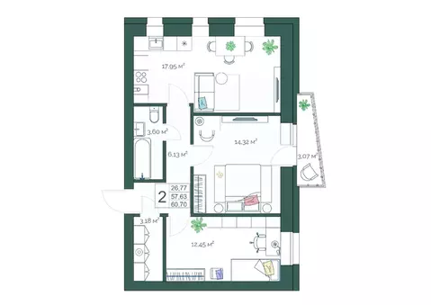 2-к кв. Тверская область, Тверь ул. Коминтерна, 21 (60.7 м)
