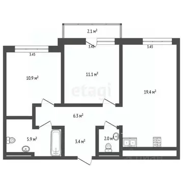2-к кв. Тюменская область, Тюмень ДОК мкр, ул. Воронинская, 45 (60.4 ...