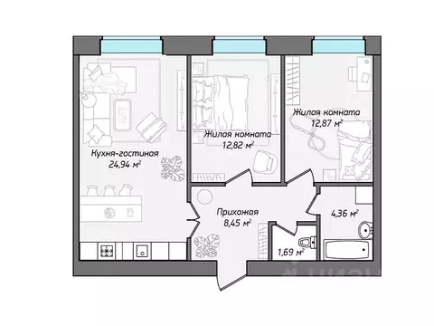 3-к кв. Чувашия, Чебоксары ул. Фридриха Энгельса, поз7 (65.13 м)