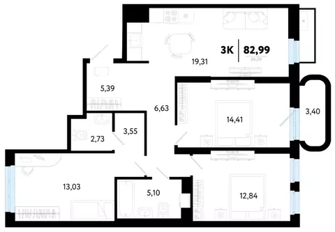 3-к кв. Тюменская область, Тюмень Символ жилой комплекс (82.99 м)
