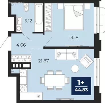 1-комнатная квартира: Тюмень, ЖК Айвазовский Сити (44.83 м)