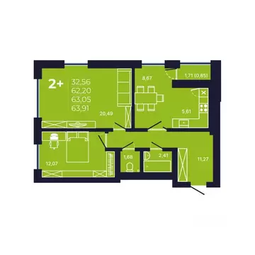 2-к кв. Башкортостан, Уфа ул. Майора Доставалова, 11 (63.1 м)