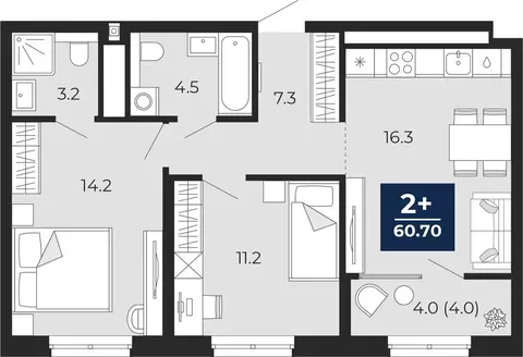 2-комнатная квартира: Тюмень, проезд Капитана Куликова, 5 (60.7 м)